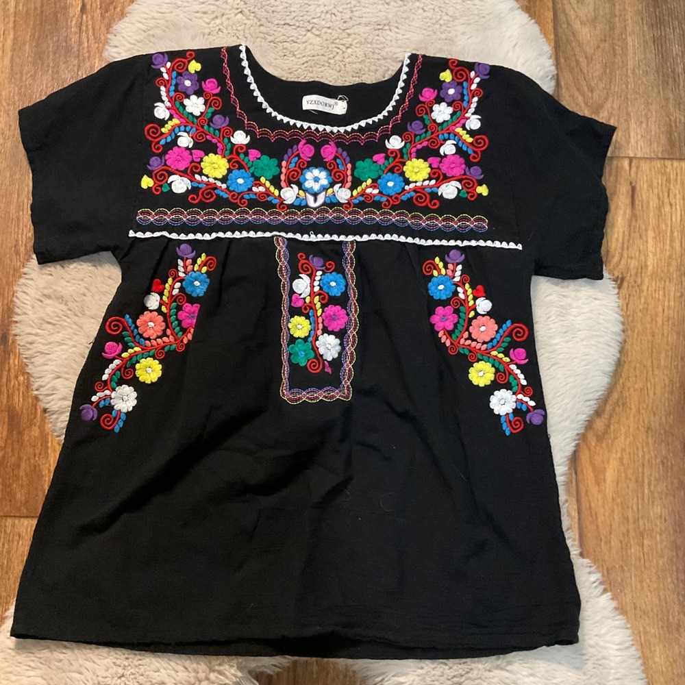 YZXDORWJ Blouse Size‎ Large Peasant Embroidered Floral Black Flowy Short Sleeve